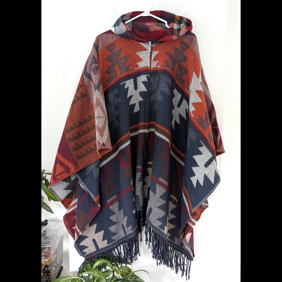 Girl Krazy Red and Blue Geometric Accent Poncho - Picture 1 of 8